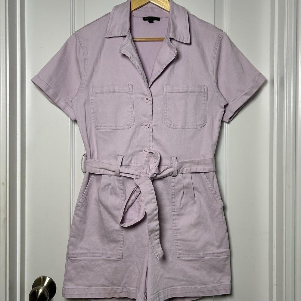 Skies Are Blue Lavender Belted Button Front Utility Romper Y2K‎ Soft Girl Style
